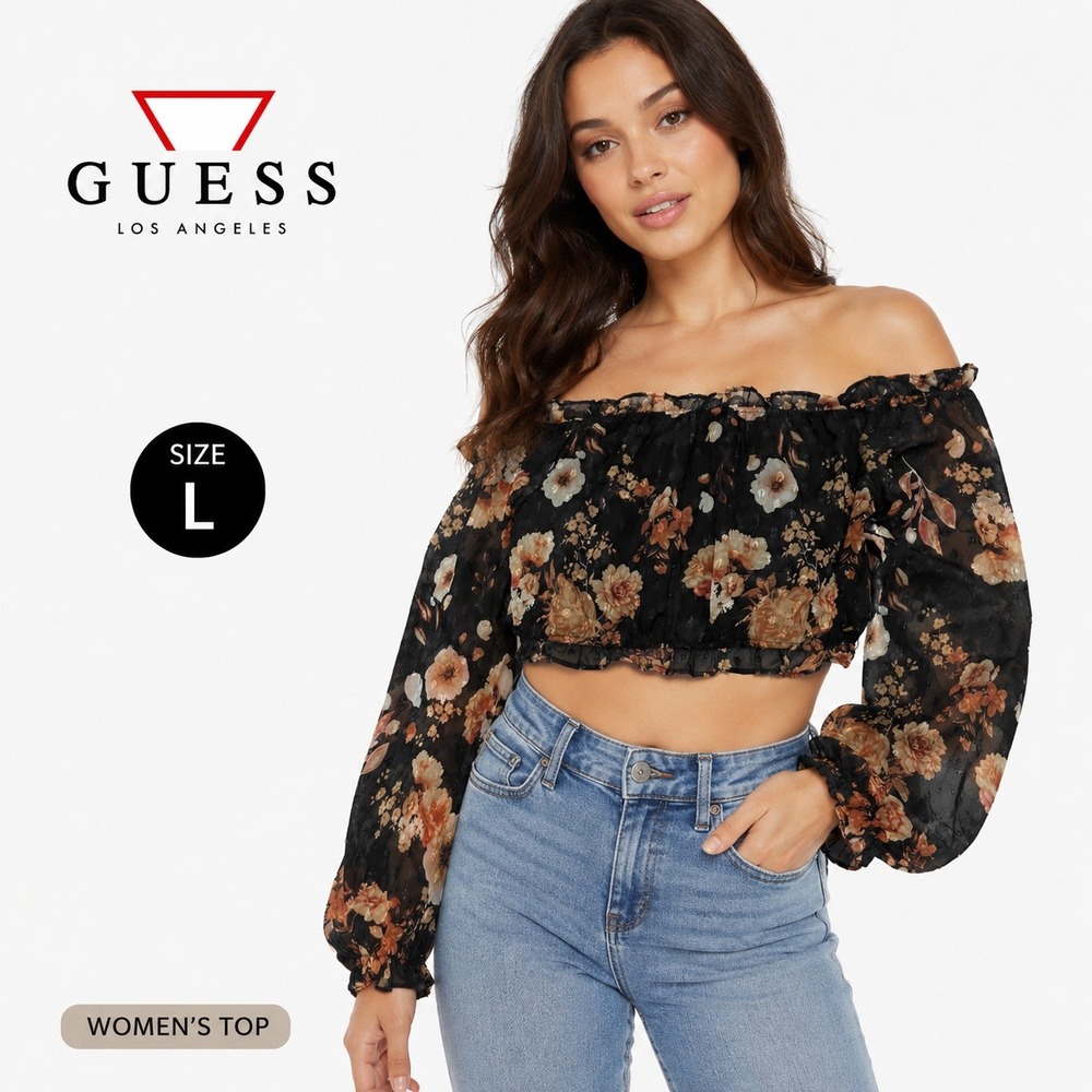 Guess Floral Crop Top Womens Large Black Orange Off-Shoulder Smocked Boho Fairy